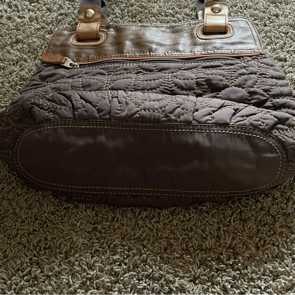 Fossil KeyPer Quilted Brown Leather Trim Tote Shoulder Bag Purse Cottagecore SEE - Picture 9 of 16